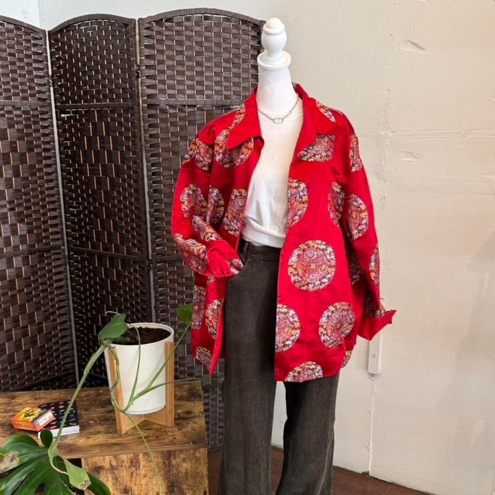 Red Y2k Medallion Dragon Paisley Print Blazer Jacket